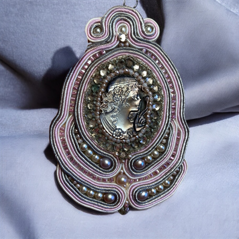 Pearl Soutache Pendant Elegant Silver and Pink Cameo and Hand Stitched